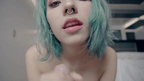 Playful sloppy blowjob with a mint-haired young minx