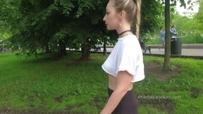 Girl walks in park. topless in public. naked outside. Flashing boobs