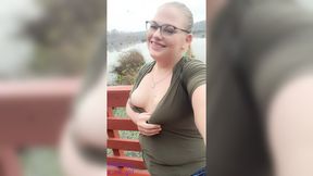 Outdoor XXX exhibition: busty blonde flaunts massive implants on teenie-tiny cleavage show