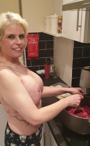 Home After a Hard Days Work so Why Not Do Some Topless Cooking Now This Is What I Call Extra Hot Chilli-con-carne