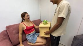 I give a nice birthday surprise to my sexy redhead stepsister, she eats it all and asks me to shove it all up her narrow ass.