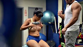 A hot chick get her big ass drilled in gym shorts while being watched by a voyeur