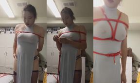 Sissy Self Bondage Red Rope Crushes Big Tits Cum Explosion