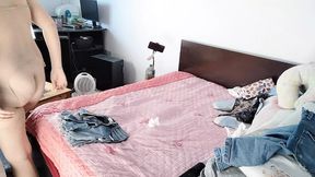 Amateur wife having fun trying on clothes she cuts