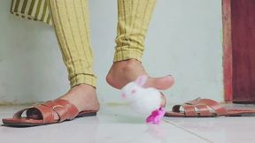 crushing toy rabbit barefoot