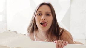 Stunning natural tits brunette teen model Stacy Cruz posing all in white
