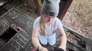 Curvy blonde gets railed doggy style in public by chubby amateur