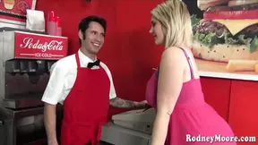 Busty babe sucks cock and gets her huge tits splashed with hot cum
