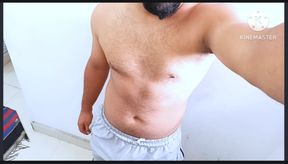 Young Indian desi gym boy big muscle body and big bulge showing in camera