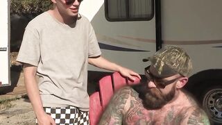 Backyard raw doggy style fucking between stepdad and his son