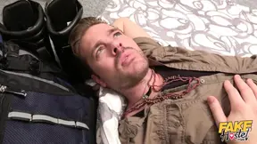 Lucky guy gets a sloppy blowjob from big-titted backpacker Aubrey Black