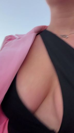 Curvy blonde pro flashes nipples in public with nip slip and piercing