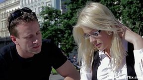 Nerdy blonde in glasses Sweet Cat gets intimate with stranger and takes cum on her glasses