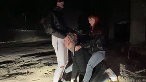 bratty girls roughly public dominate an guy outdoor night