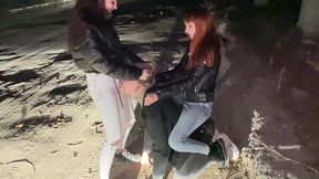 bratty girls roughly public dominate an guy outdoor night