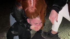 bratty girls roughly public dominate an guy outdoor night