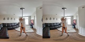 Sexy blonde pole dances and strips