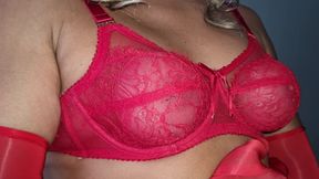 Sensual Red Lace Bra, Spandex Gloves, Caressing My Round and Firm Tits