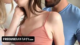 Freeuse fantasy - luxurious stunner visits her bestie and her bf and joins her free-for-all use household