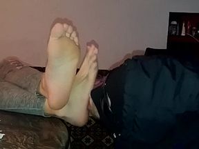 Licking sexy soles and sucking long toes, while she resting