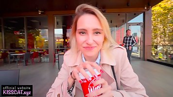 Blonde babe is sucking a random dick in the toilet, to please a horny stranger
