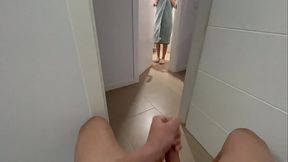 I surprise my stepsister at the bathroom door giving me a handjob and she gives me a blowjob until I finish cumming