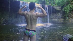 Muscular Asian Hunk Flexes in Speedo by Waterfall - Tight Ass &amp; Hole Tease, Strips Naked &amp; Explodes with Massive Cumshot