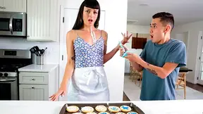 Stepmom gets icing on her tits and watches stepson's cock grow rock hard in kitchen
