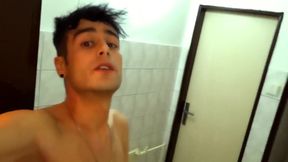Twink Risky Jerks Cock at the Public Toilet and Cums on Occupied Cabin