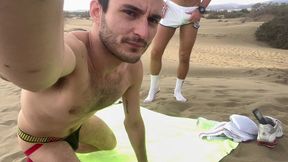 master dominates and pisses on twink slut on the beach