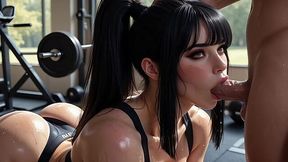 Hot brunette gym girl worships my huge cock with her mouth, then gets railed missionary