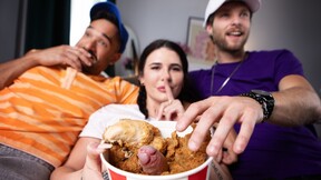 Raj enjoys Transgender Bailey's chicken at game night