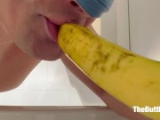 Straight Boy Loves Sucking This Banana In The Public Toilet