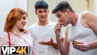 Hot redhead sucks mustache daddy's cock while cheating with him