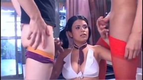 Pretty slut has wild sex with a tranny and a dude before cum on her face