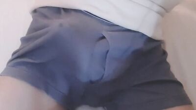 Dude plays with his huge sausage with a panties on