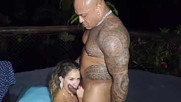 The rock fucks bareback horny Milf at the pool of the resort