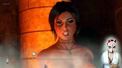 MILF Lara Croft fan in white robe submits to anal in wild threesome with fox-masked vixen