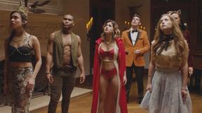 ”Hot big tits Stepmommies in sexy lingerie solving a mystery with group of guys”