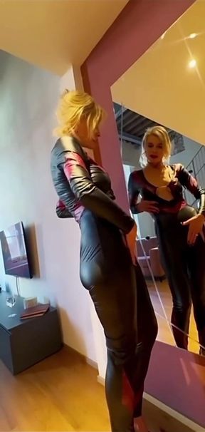 Hot blonde myth blonde dominant costume wide open her ass in front of the mirror in high heels