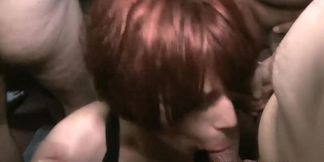 Redhead Pixiee Little and Porscher Wells' big cock bukkake festival