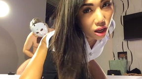 Buxom teen ladyboy Mos in outfit fucks guy to return the favor