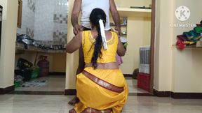 Yellow colour saree housewife with step brother
