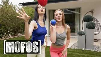 Daisy Stone and Scarlett Bloom share Jay Smooth in an outdoor double blowjob