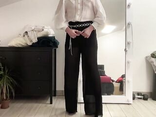 Crossdresser tgirl palazzo wideleg fetish trousers, satin silk blazer, white office ruffled blouse and high heels boots