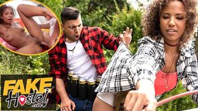 Fake Hostel - Cream Pie for cute African college babe on camping trip with lucky fresh average wang dude