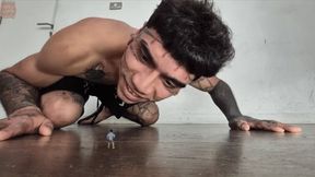 Giant Jock boy Shrink his friend for Foot domination Spit punishment and Pee humiliation in flip flops and long toenails