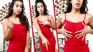 Confident Asian femme fatale in red dominates the screen in intense femdom POV roleplay