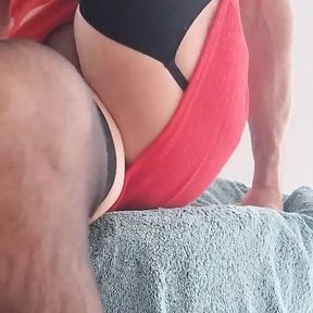 Trans CD in Red Mini Skirt Ass Play