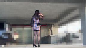Slutty crossdresser in cheongsam gets railed outdoors with black stockings and dildo